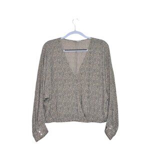 American Eagle Cropped Faux Wrap V Neck Long Sleeve Animal Print Top Size L